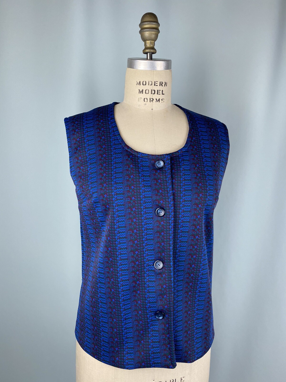 Vintage Vest Shirt LARGE double knit polyester navy blue 60s 70s modest cottage