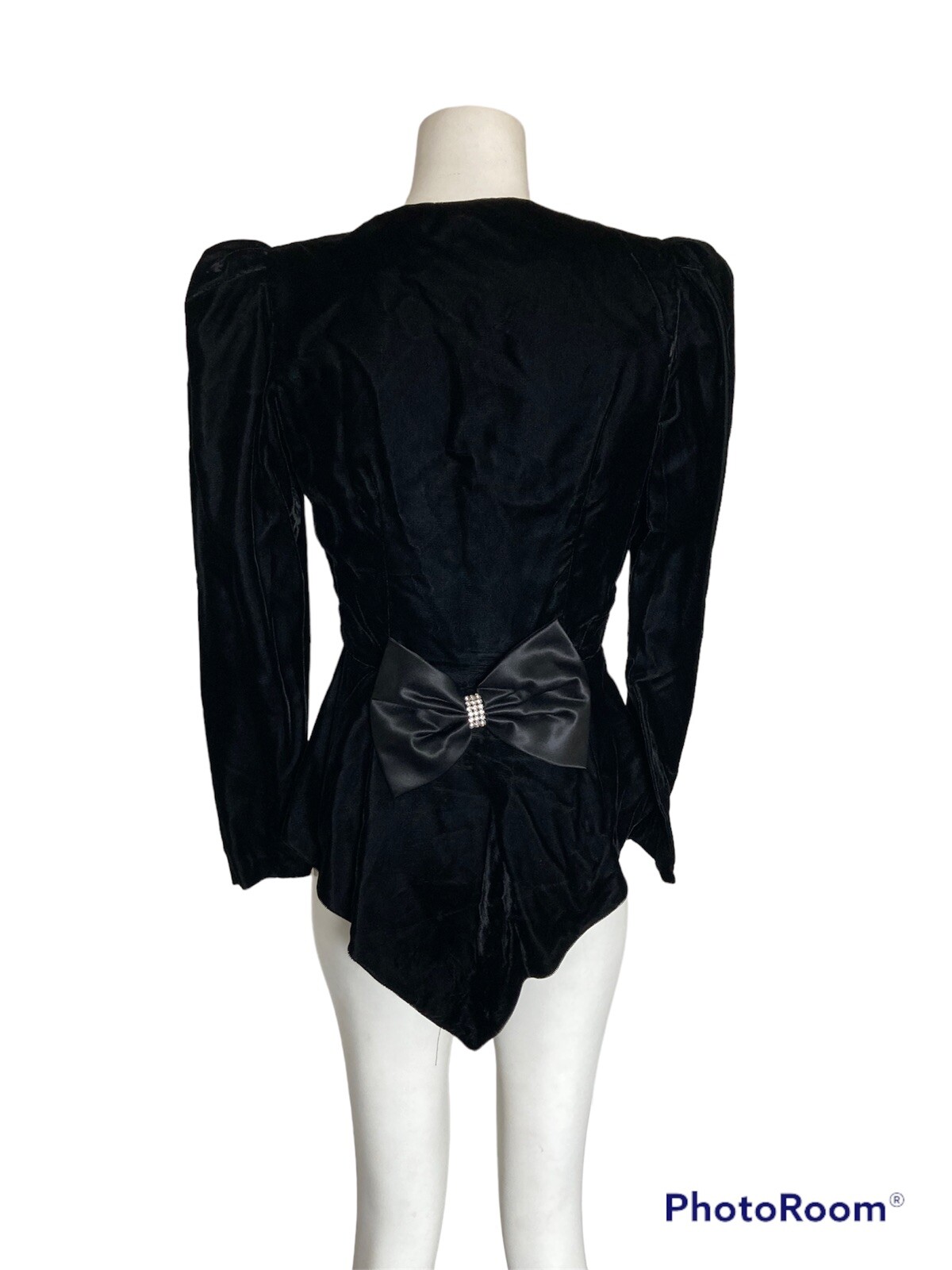Vintage 80’s Black Velvet Mutton Sleeve Peplum Blazer Rhinestones Bow Sz S 4-6