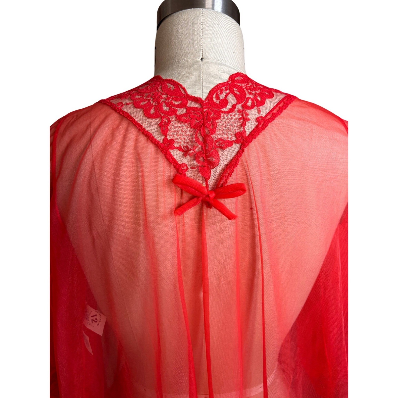 Pandora 60s Lace Trim Sheer Mesh Fairy Lingerie Kimono Medium Cherry Red Vintage