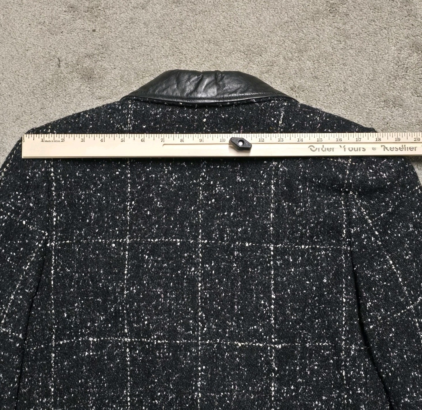 Vintage Coat 80s Long Oversized Black Tweed Blazer Jacket Leather Collar Sz 8