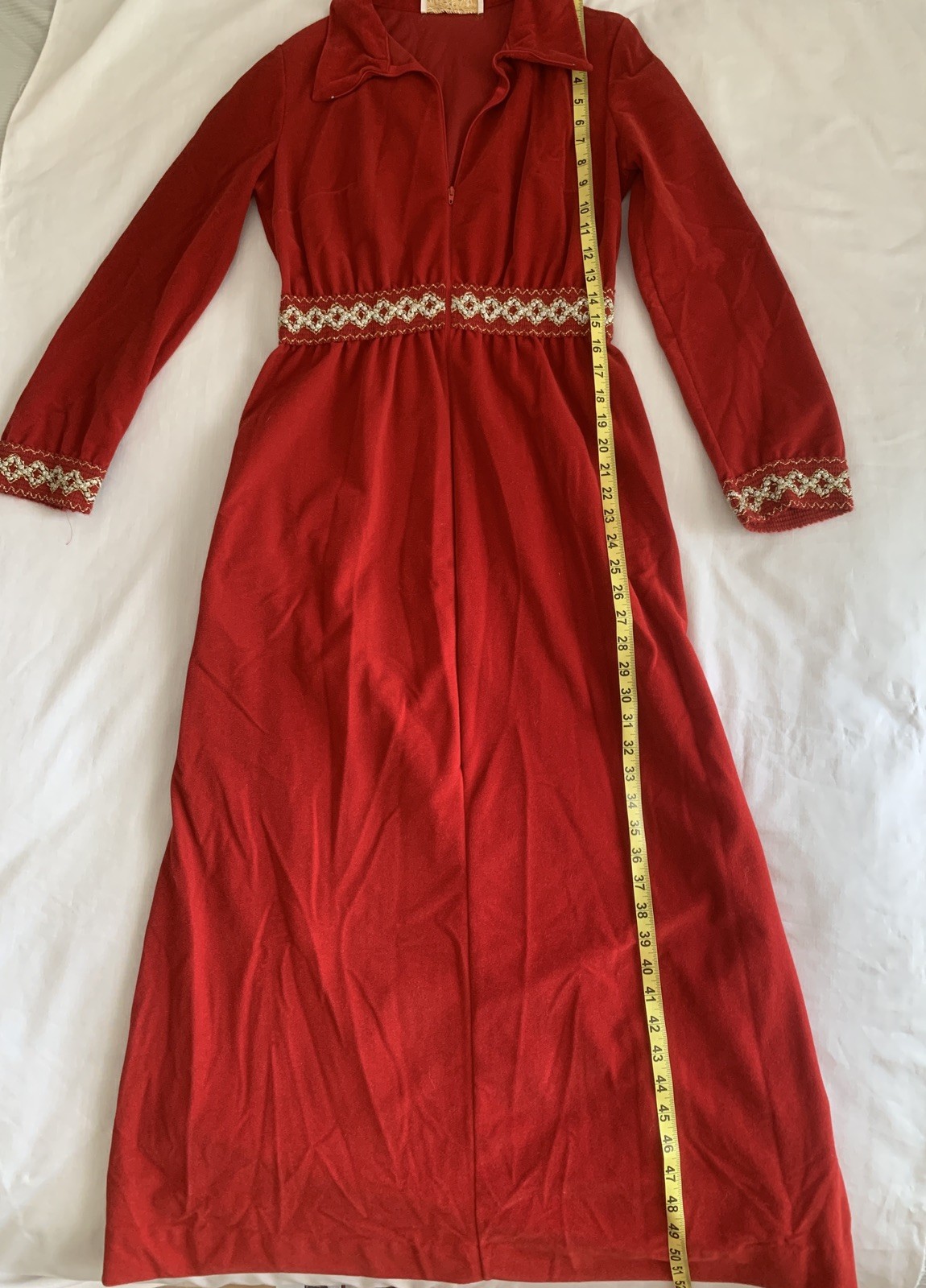VTG 70s Gossard Red Velvet Maxi Dress Hostess Gown Embroidered Petite S