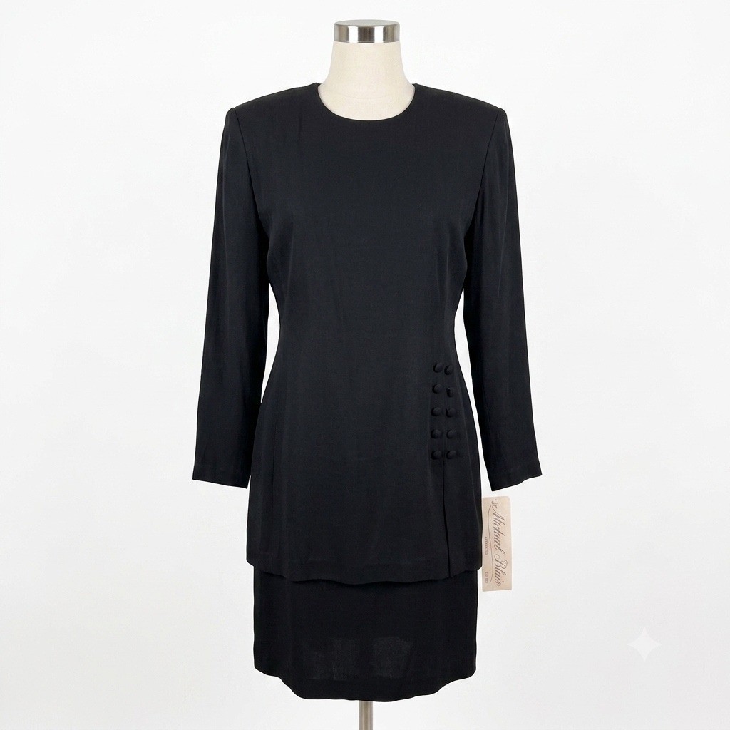 Vintage Michael Blair Black Dress 8 Made USA ILGWU Rayon Acetate Shoulder Pad