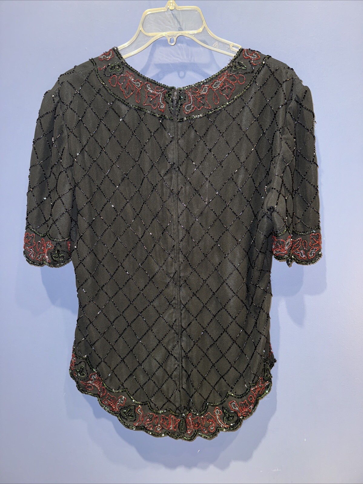 Large Hand Beaded Formal Blouse, Black Red Green, Vintage JMD New York NWT Flaw