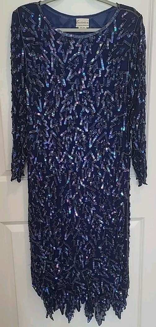 VTG 1970s Evening Gown Dress Womens L Blue 100% Silk Sequin Sheer Rayon Lined