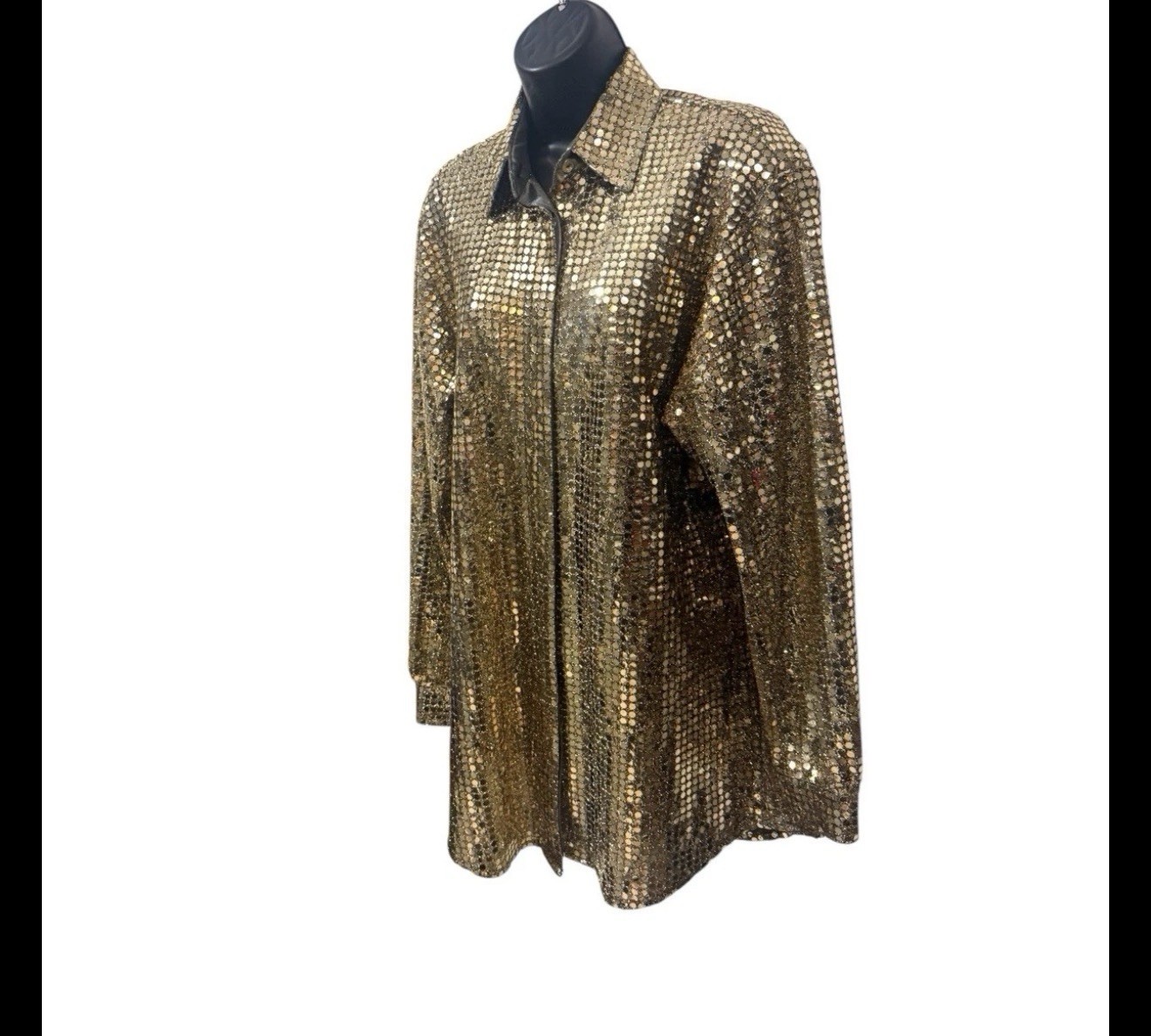 Vintage Three Flaggs I. Magnin Gold Sequin Disco Shirt Blouse 70s 80s Glam Sz M