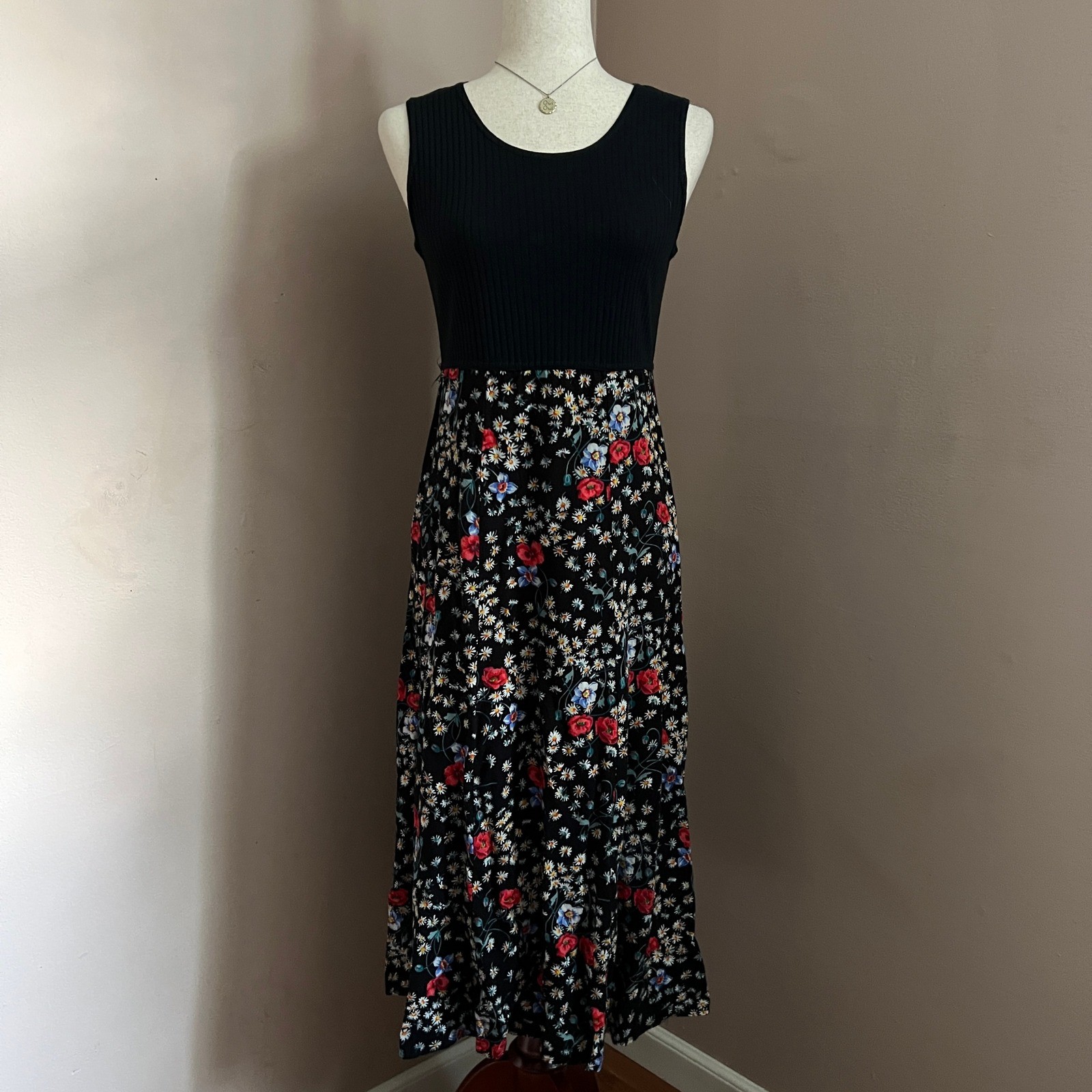 Vintage 90s Prairie Cottagecore Impressions Floral Midi Dress Black Boho Size S