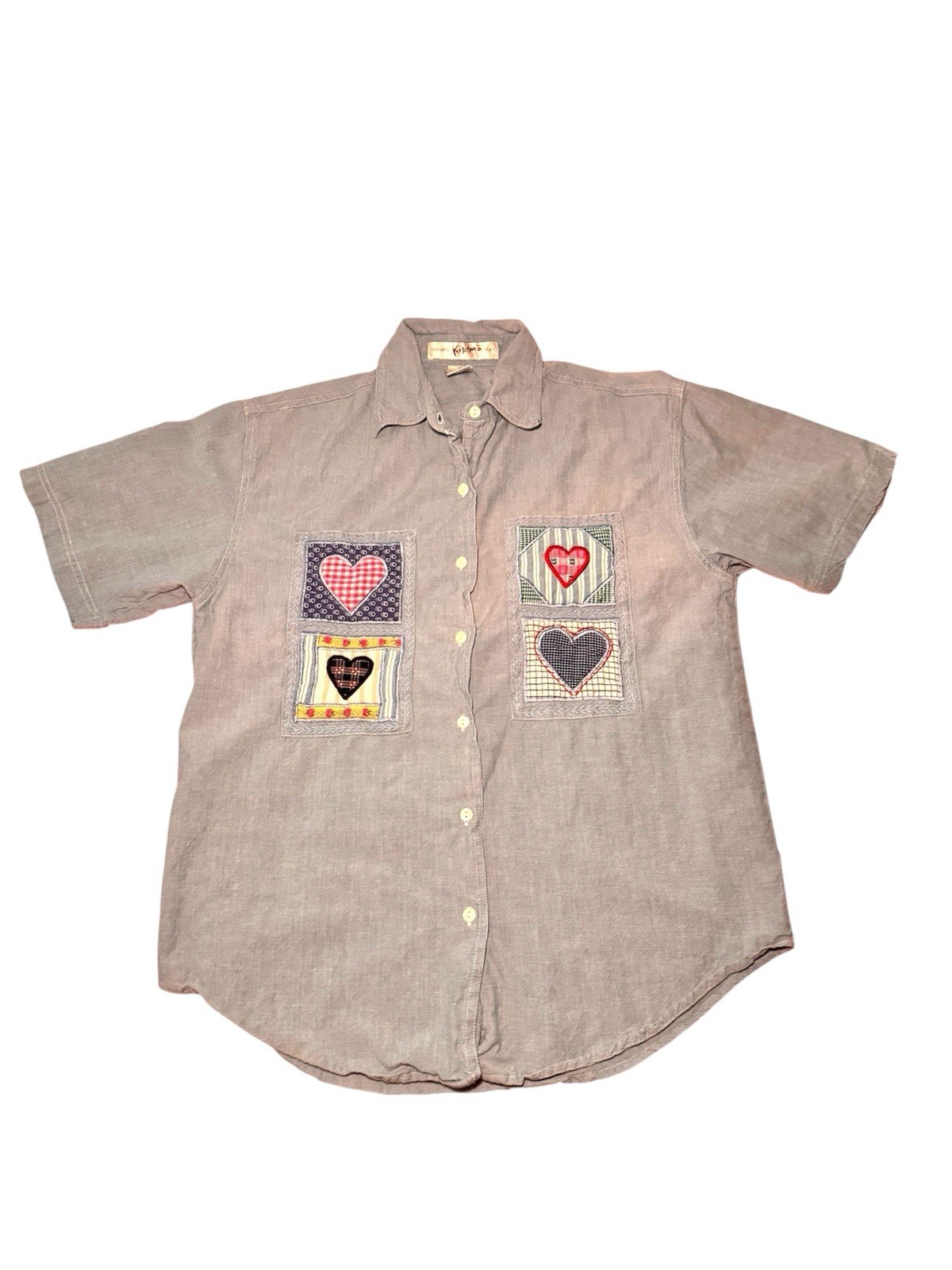 Vintage Kikomo Heart Patchwork Shirt Small Blue Cotton Chambray Cottagecore 90s