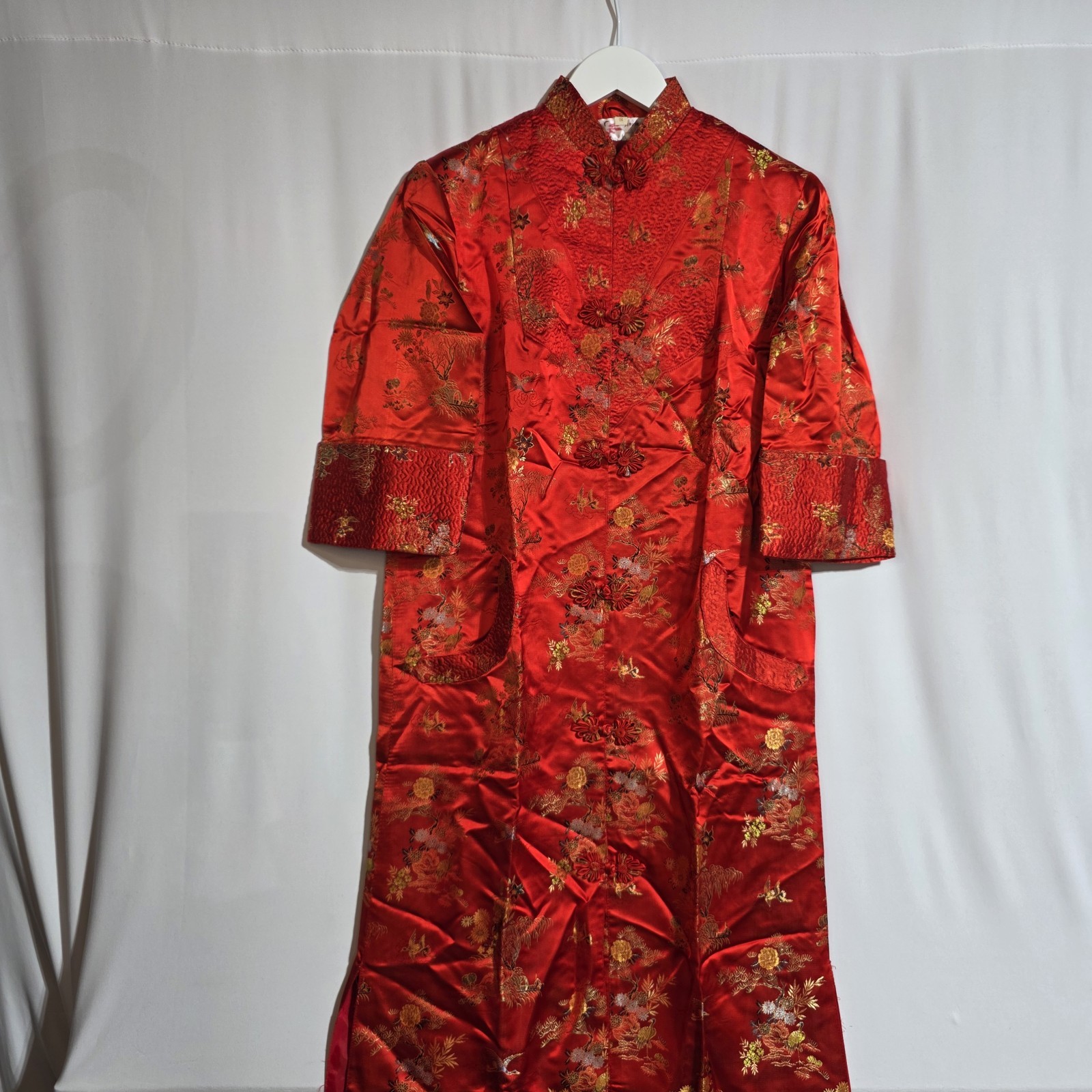 Vintage Red Chinese Embroidered Long Dress Coat Women’s Small Brocade Satin