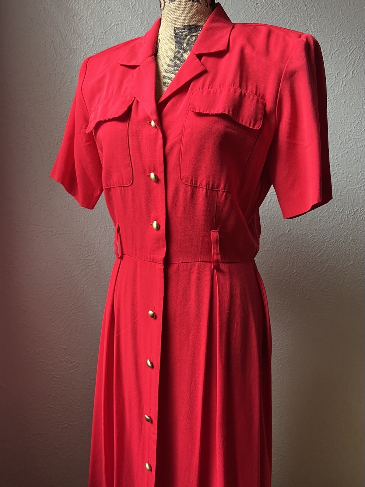 1980s Lipstick Red Button-Up Shirt Dress S M 80s Stranger Things Secretary Retro