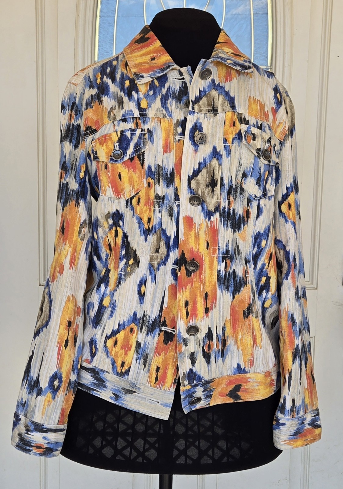 1990s CHICO’S AZTEC TRIBAL IKAT Denim Jacket 0 Size Medium