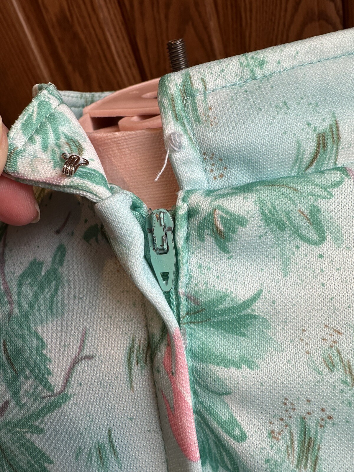 60’s Vintage Top Stand Up Collar Mint Pink Deer~Belt Zipper Back ~S/M Shirt