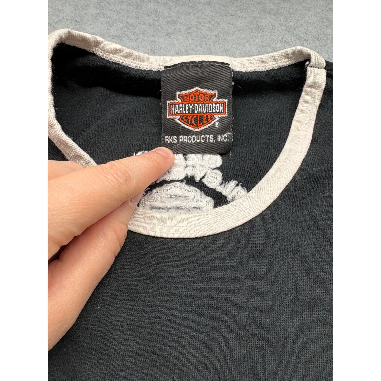 Vintage Harley-Davidson Ringer T-Shirt Black Ozark Lebanon MO Womens M