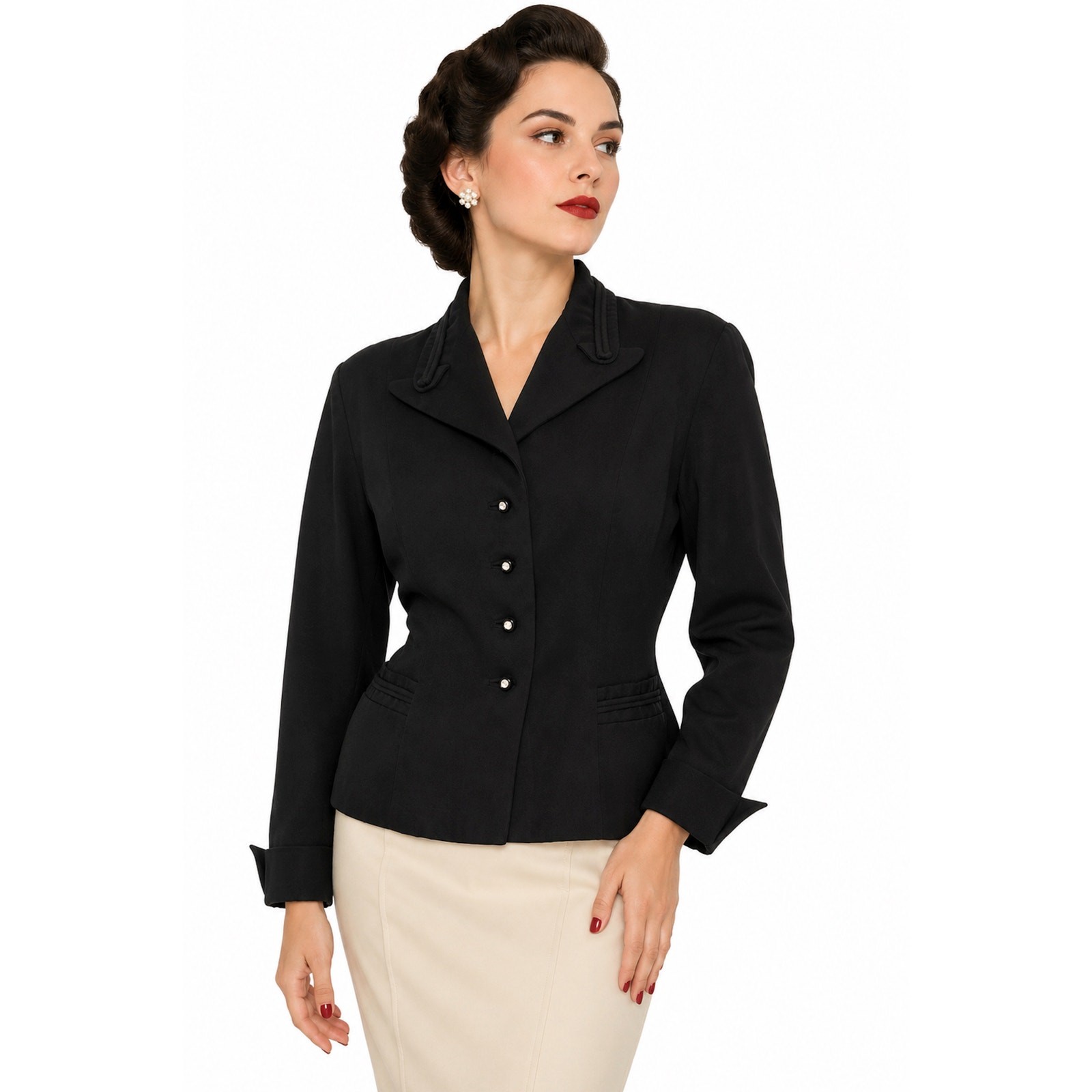 Vintage 1940s Black Gabardine Jacket Rhinestone Buttons Split Cuffs S/M
