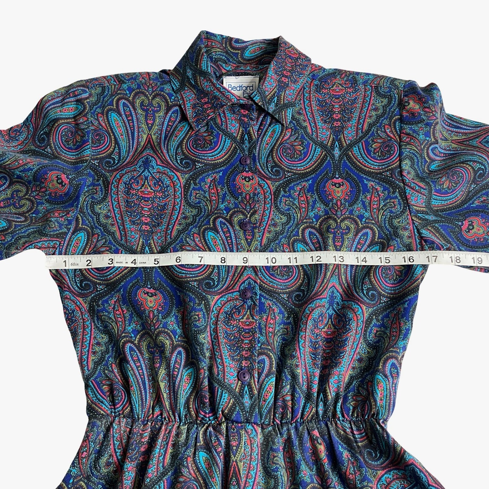 Vintage 80s Bedford Fair Paisley Midi Dress Womens 6 Long Sleeve Belted Boho Mod