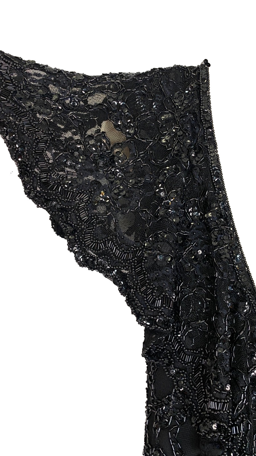 Vintage 1970s black beaded formal dress S pencil wiggle cape sleeve maxi flutter