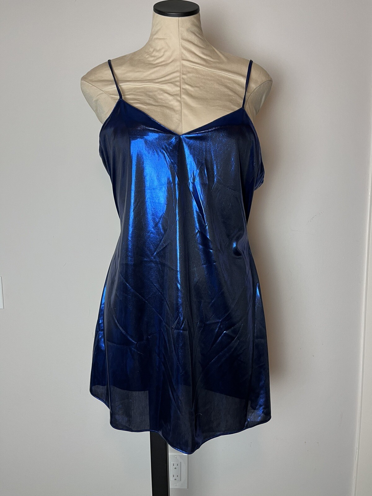 Vintage Intimo Chemise Dress Medium Blue Liquid Metal Metallic V Neck