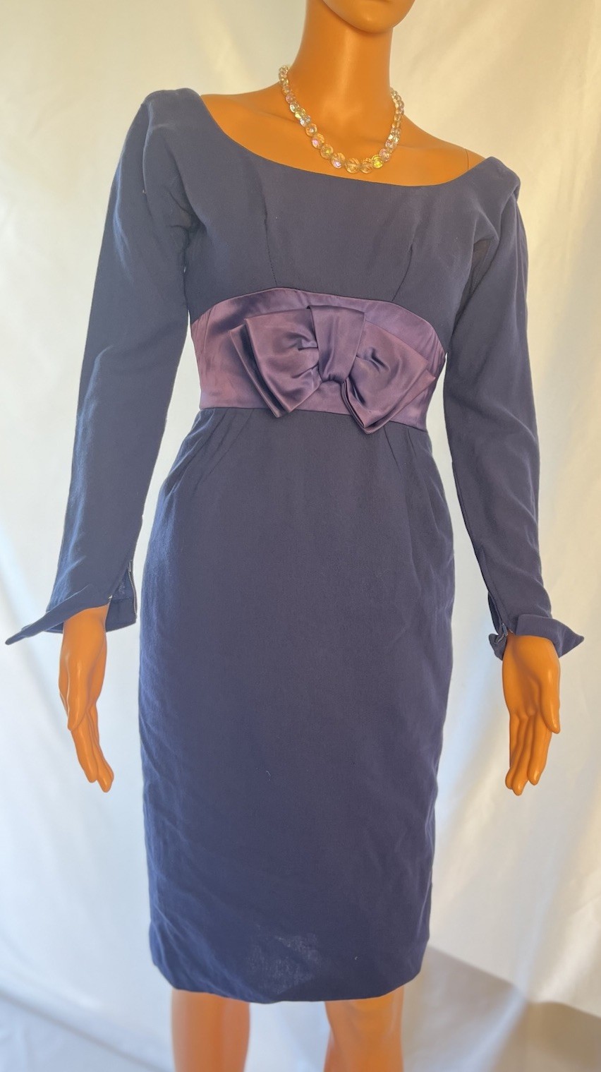 MAM’SELLE Vintage 1950’s Wiggle Dress Navy Blue With Satin Empire, XSmall, Flaw