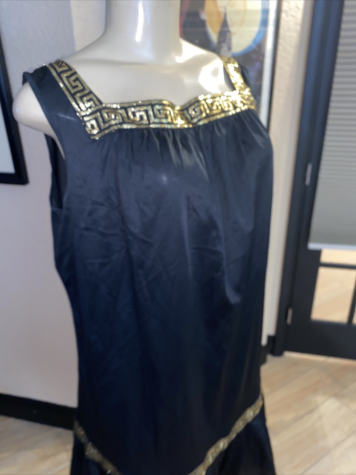 VTG Pinehurst Lingerie Greek Key Gold Metallic Trim Black Nightgown Rare LG PK1