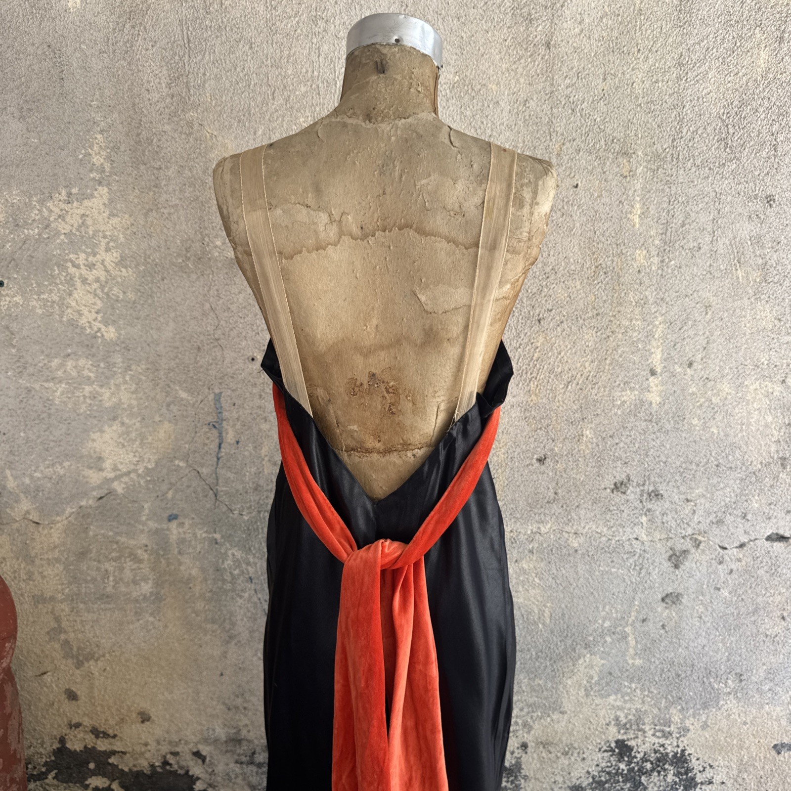 Vintage 1930s Black Silk Satin Dress Orange Silk Velvet Bow Wrap Lace Trim Bias