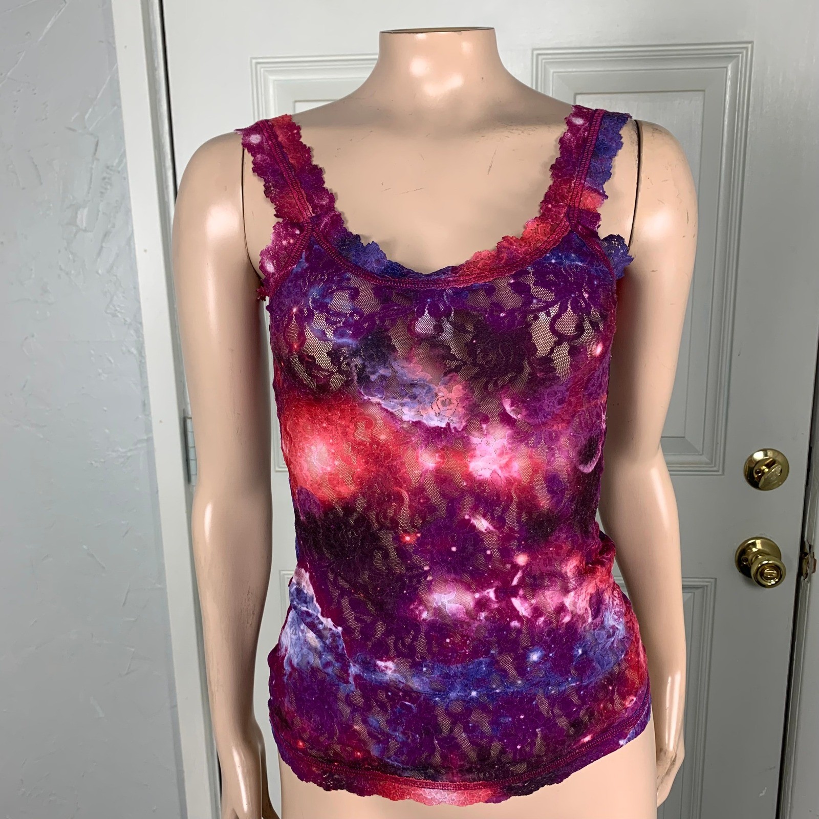 Vintage Y2K Hanky Panky Shirt XS Lace Sheer Nylon Galaxy Universe Stars Tank D15