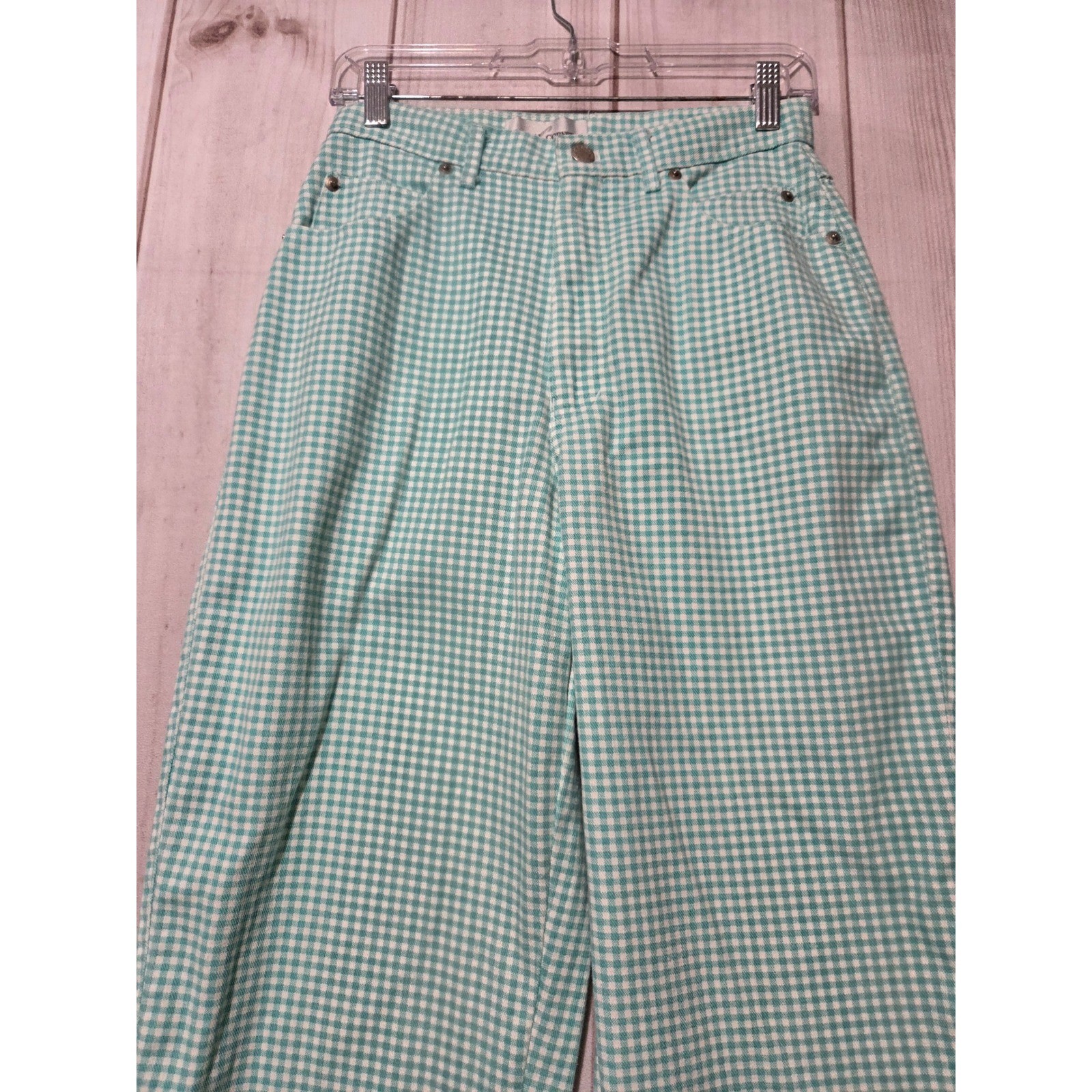 Casual Corner Vintage Gingham High Waisted Pants Teal White Size 8 USA Spring