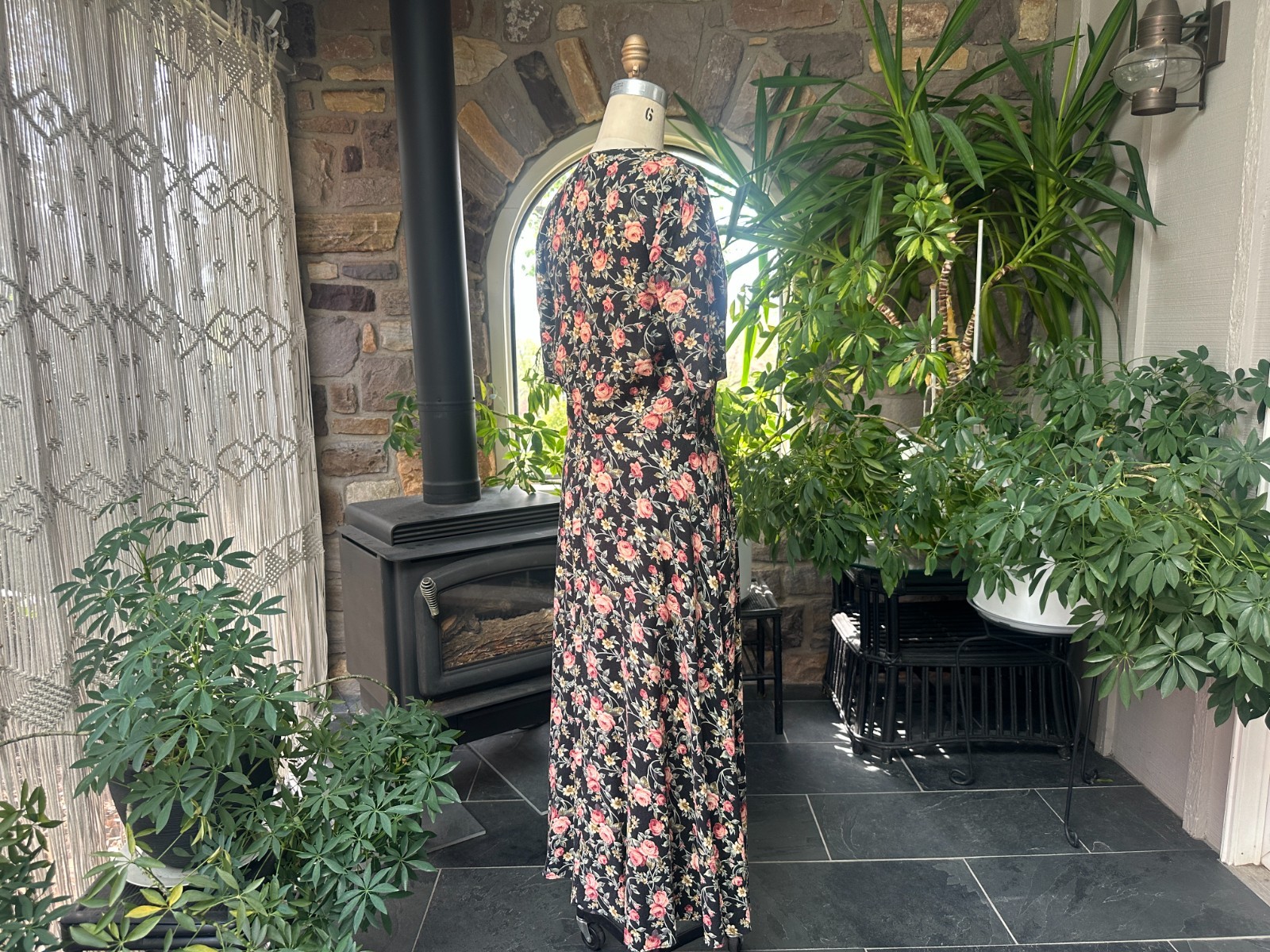 Vintage 1980s Black Pink Green Floral Rayon Dress