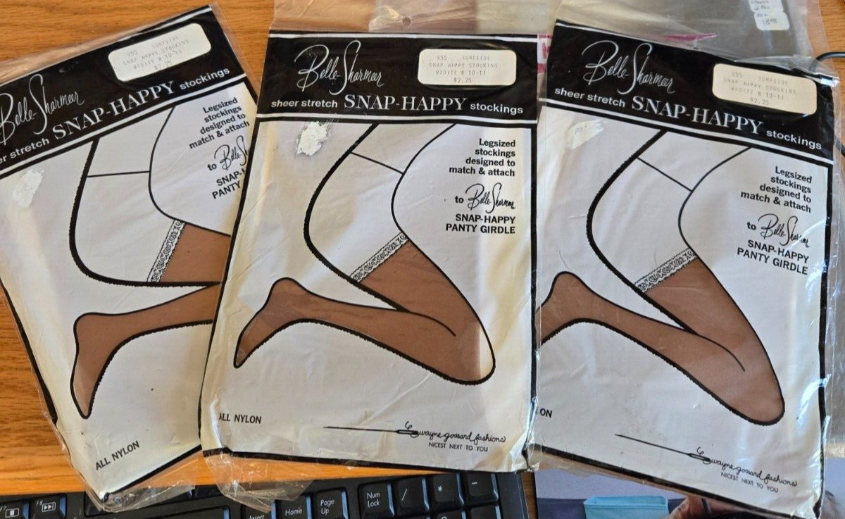 3 pair Vintage Belle-Sharmeer Sheer Stretch SNAP-HAPPY Stockings Modite B 10-11