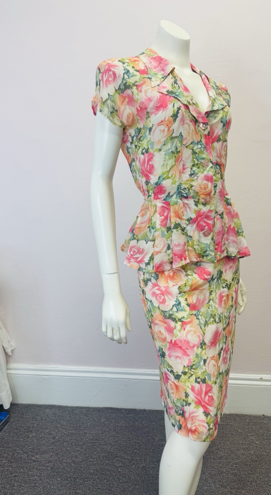 VTG Multicolor floral peplum Skirt & Top Set Nanny wedding designer alexander M