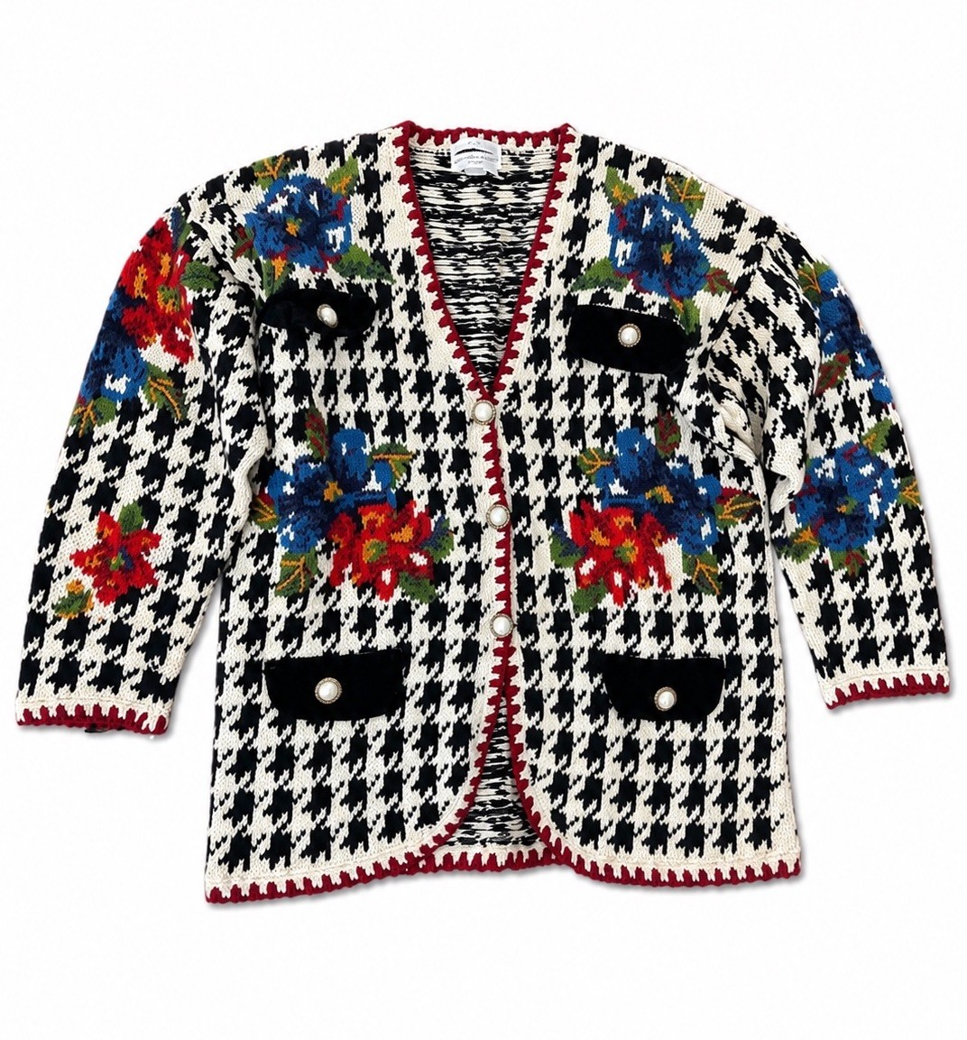 Vintage 1980’s 90’s Houndstooth Cotton Sweater Jennifer Reed Long Cardigan