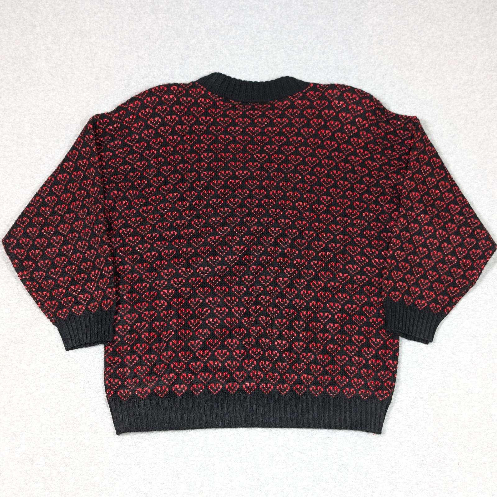 Vintage 80s 90s Adele Knitwear Sweater Roses & Hearts Black Red Shoulder Pads
