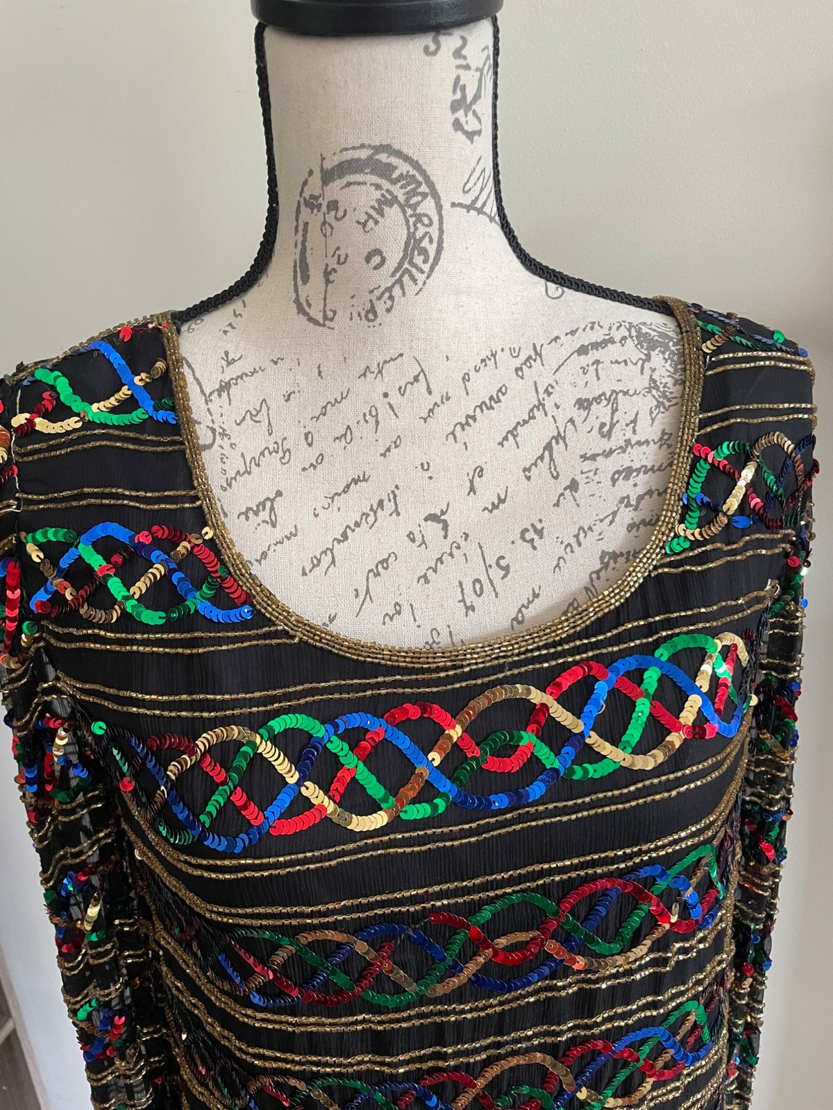 Vintage Stenay Silk Rainbow Sequin Shirt Scoop Neck Blouse Top Showgirl Sparkle