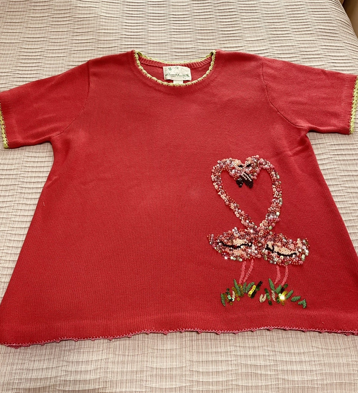 90s Quacker Factory Flamingos Love Birds Tropical Resort Short Sleeve Sweater 1X