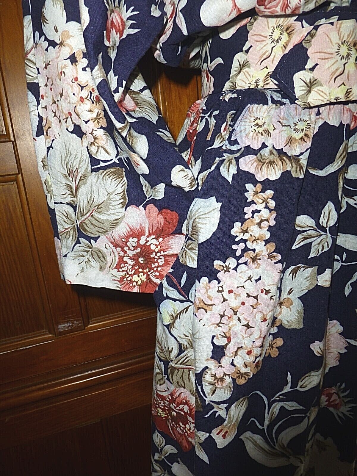 VTG 80s Floral Garden Print Cotton Boho Country Batwing Slv Midi belted DRESS M