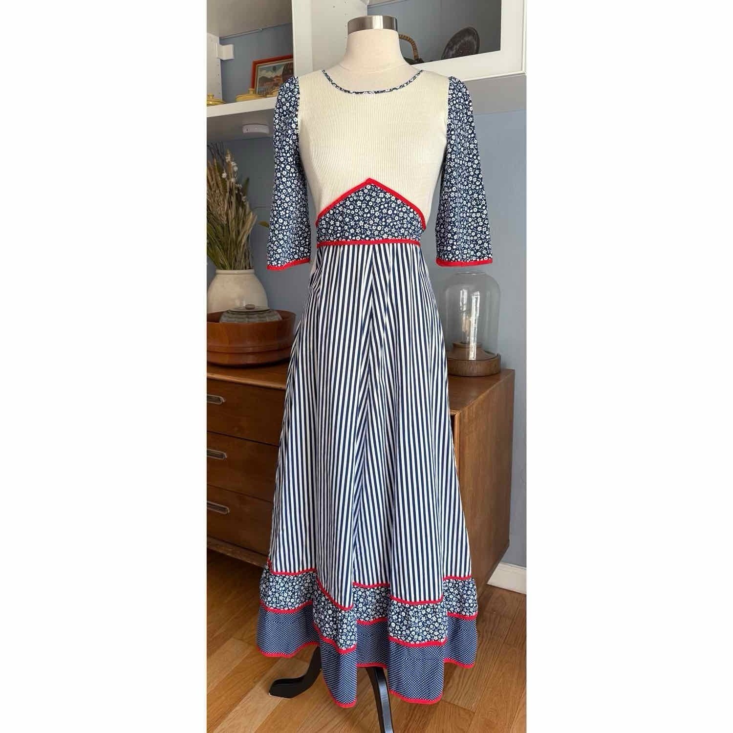Vtg 70s Maxi Dress XS/S Prairie Floral Striped Dots Cotton Cottagecore Boho