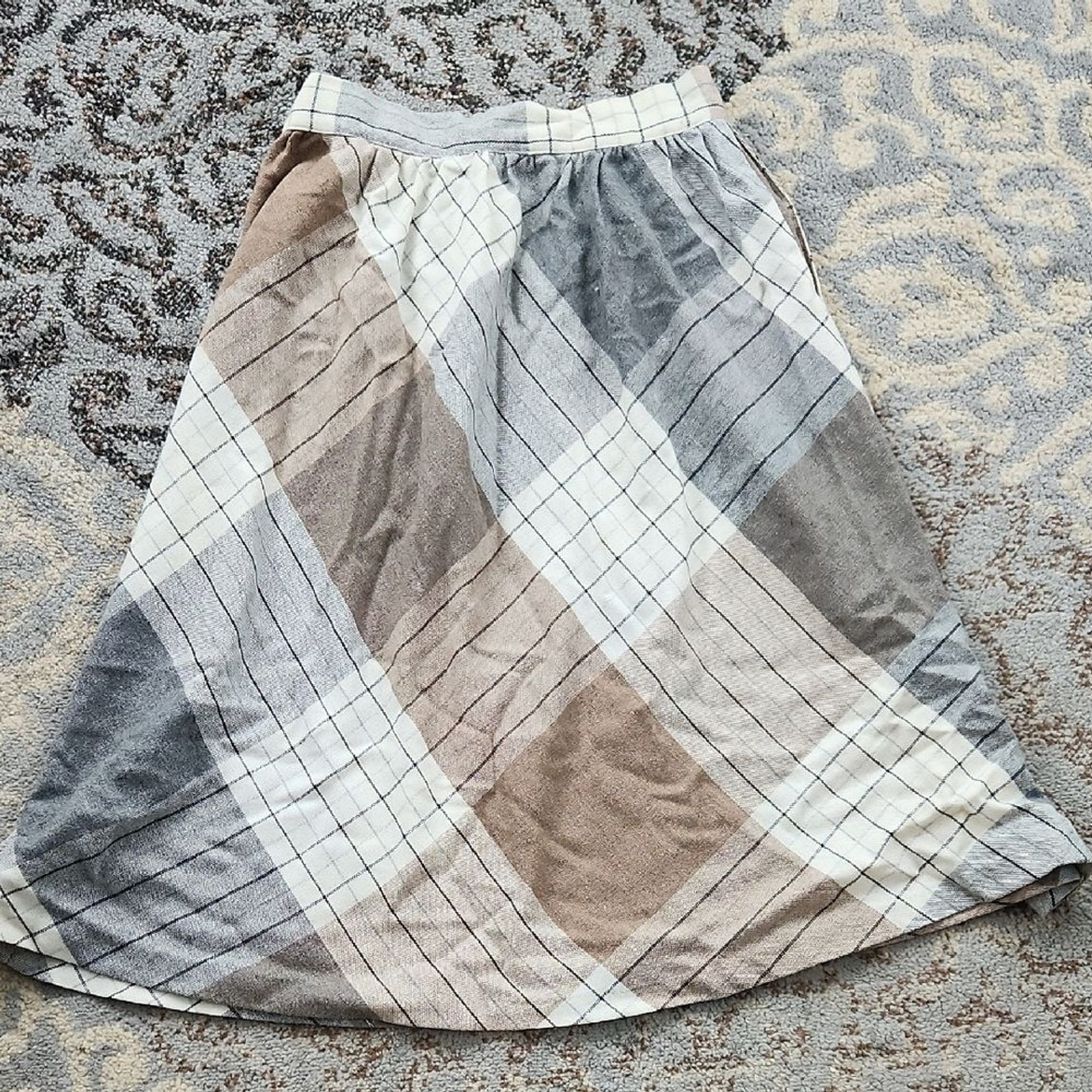 Vintage T.R. Bentley Wool Blend A-Line Plaid Skirt Tan Gray