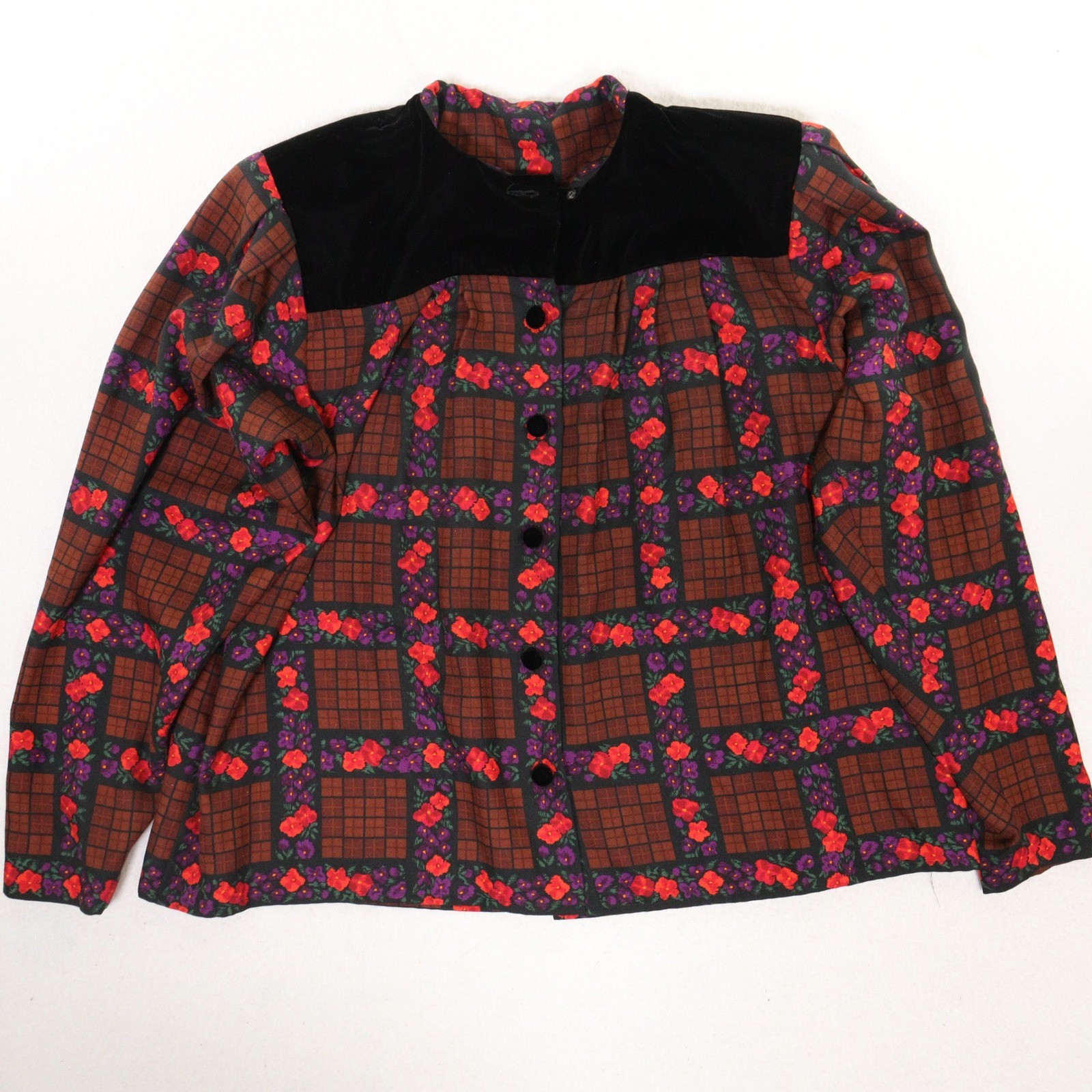 Vtg Oscar de la Renta Miss O Skirt Suit Floral Brown Plaid Velvet Trim Women 8