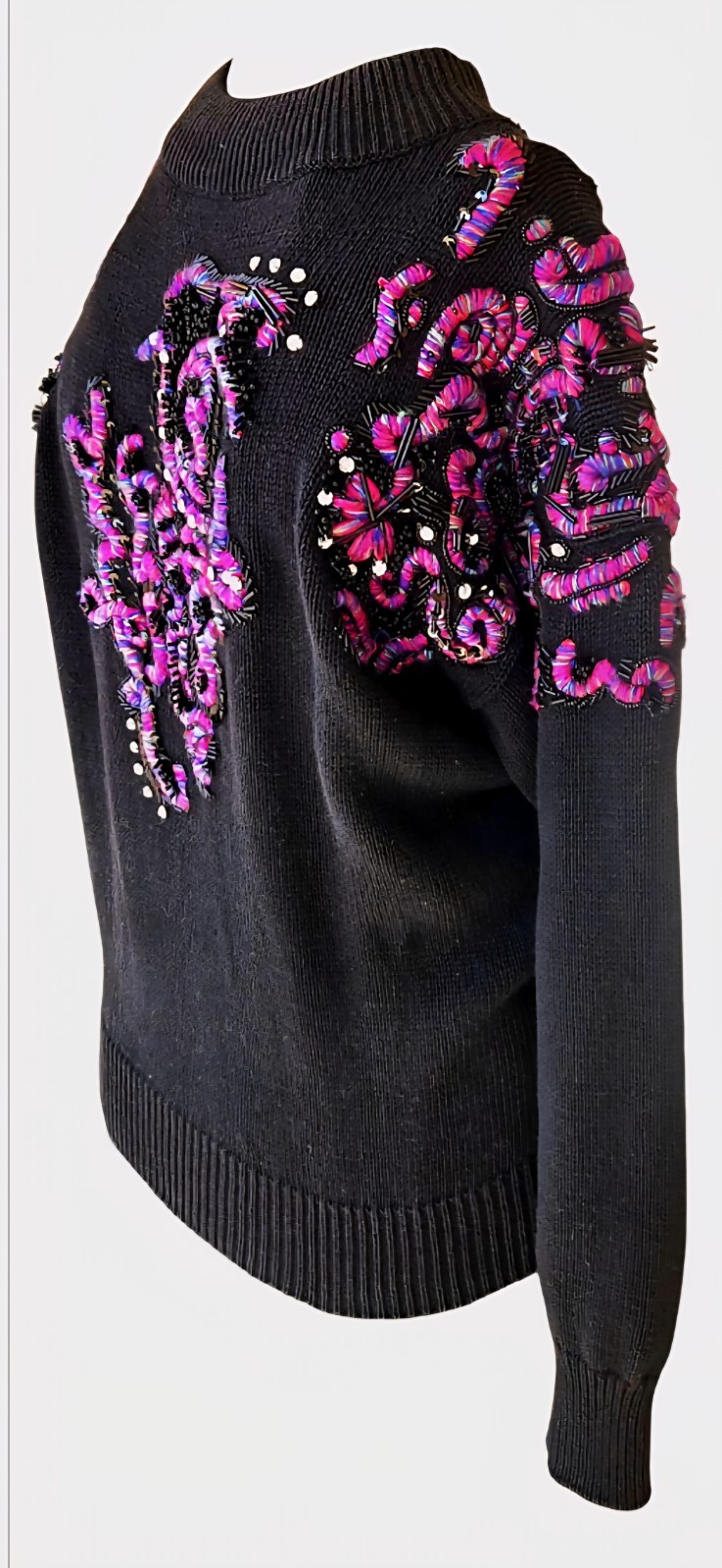 1980s P.A. INTERNATIONAL Black Multi-Color Embroidered Beaded Sequined Sweater M