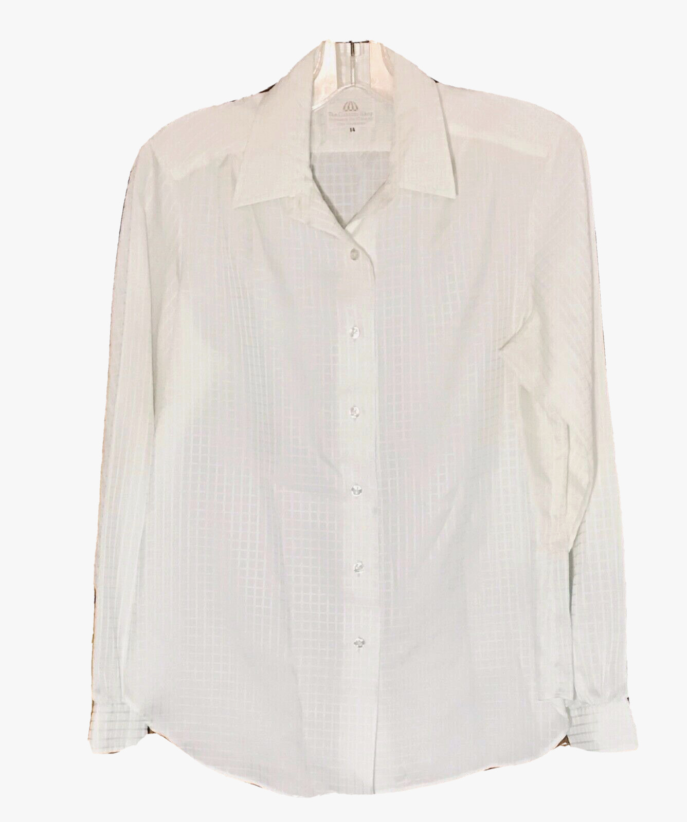 VINTAGE MAD MEN IVORY POLYESTER SECRETARY SHIRT, THE CUSTOM SHOP NY, SIZE 14