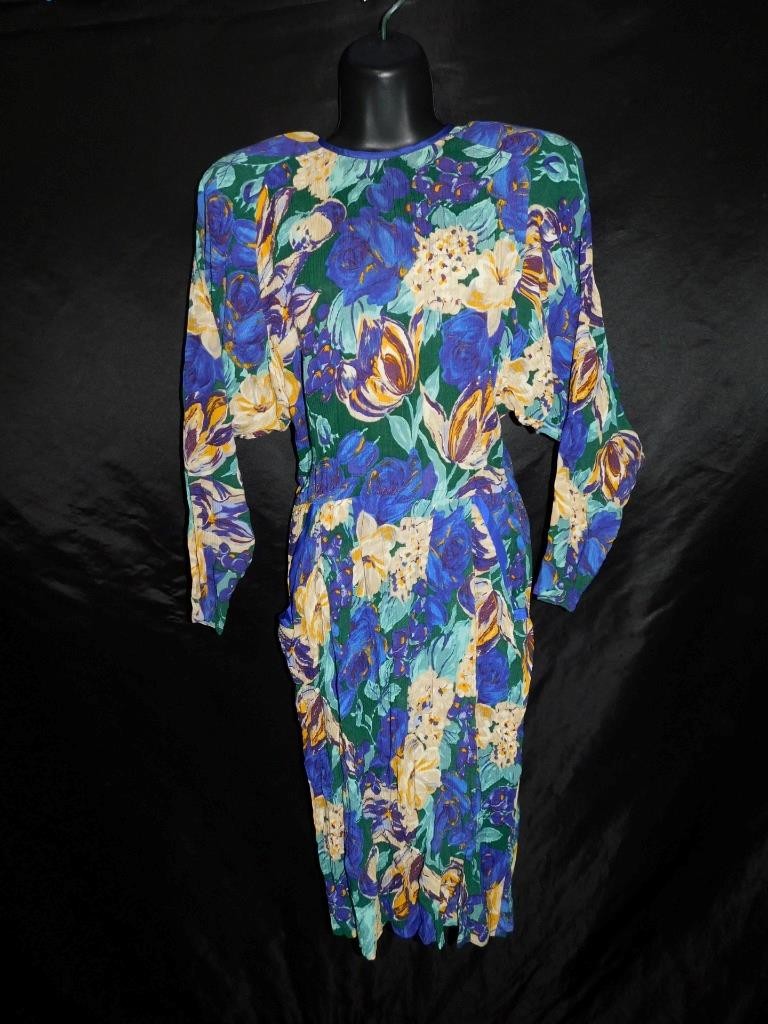Vtg 80s Choon S Purple Yellow Floral Midi Shift Dress Pockets Blouson Textured