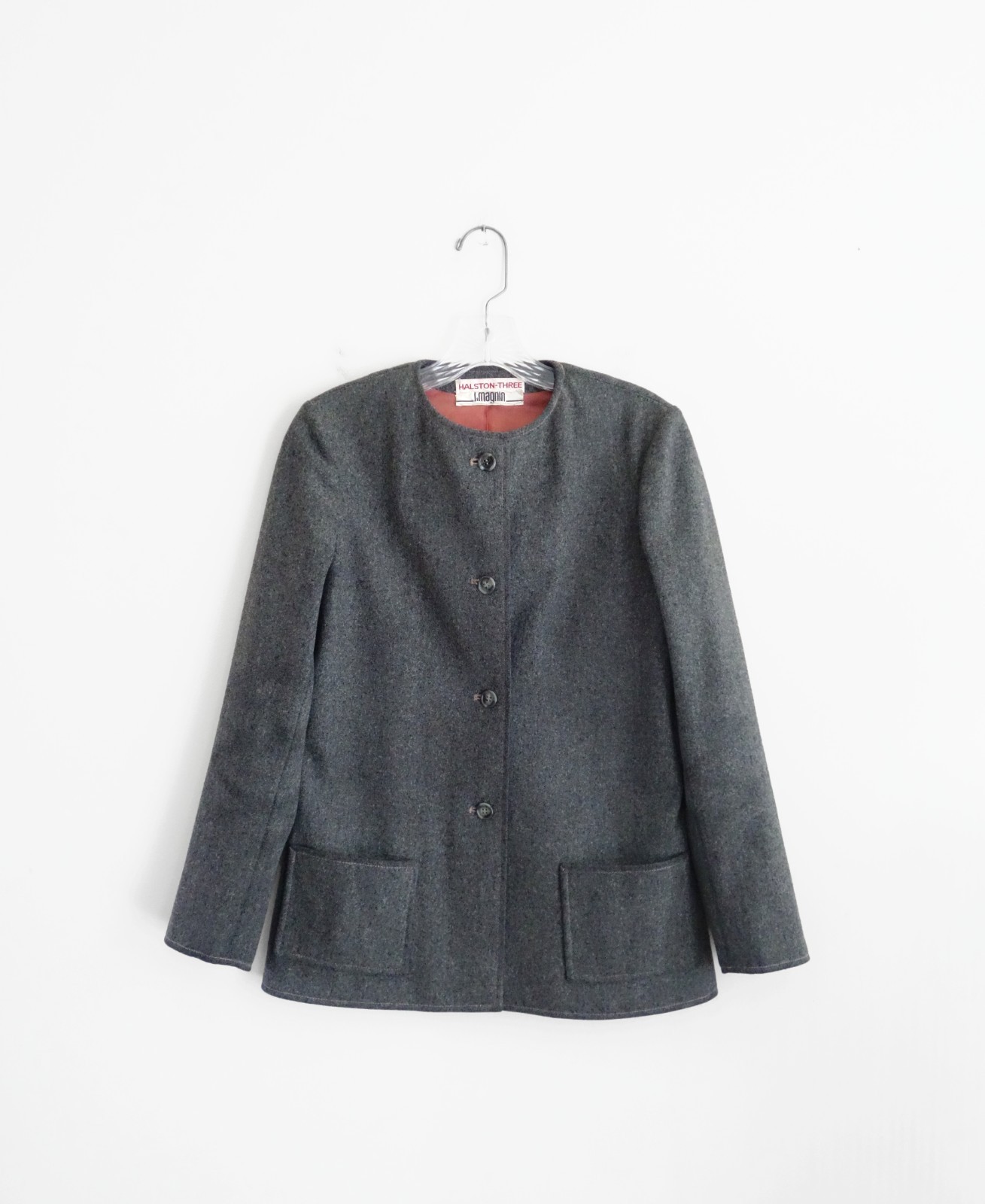 Vtg 70s Halston Three I. Magnin Grey Fleecy Wool Midi Skirt Suit est XXS 2XS 00