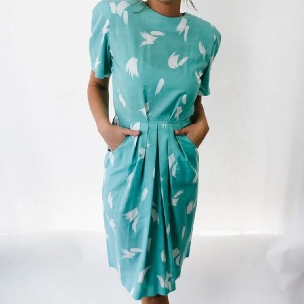 Vintage Turquoise Abstract Print Pleated Tulip Midi Dress with Pockets Teal Blue