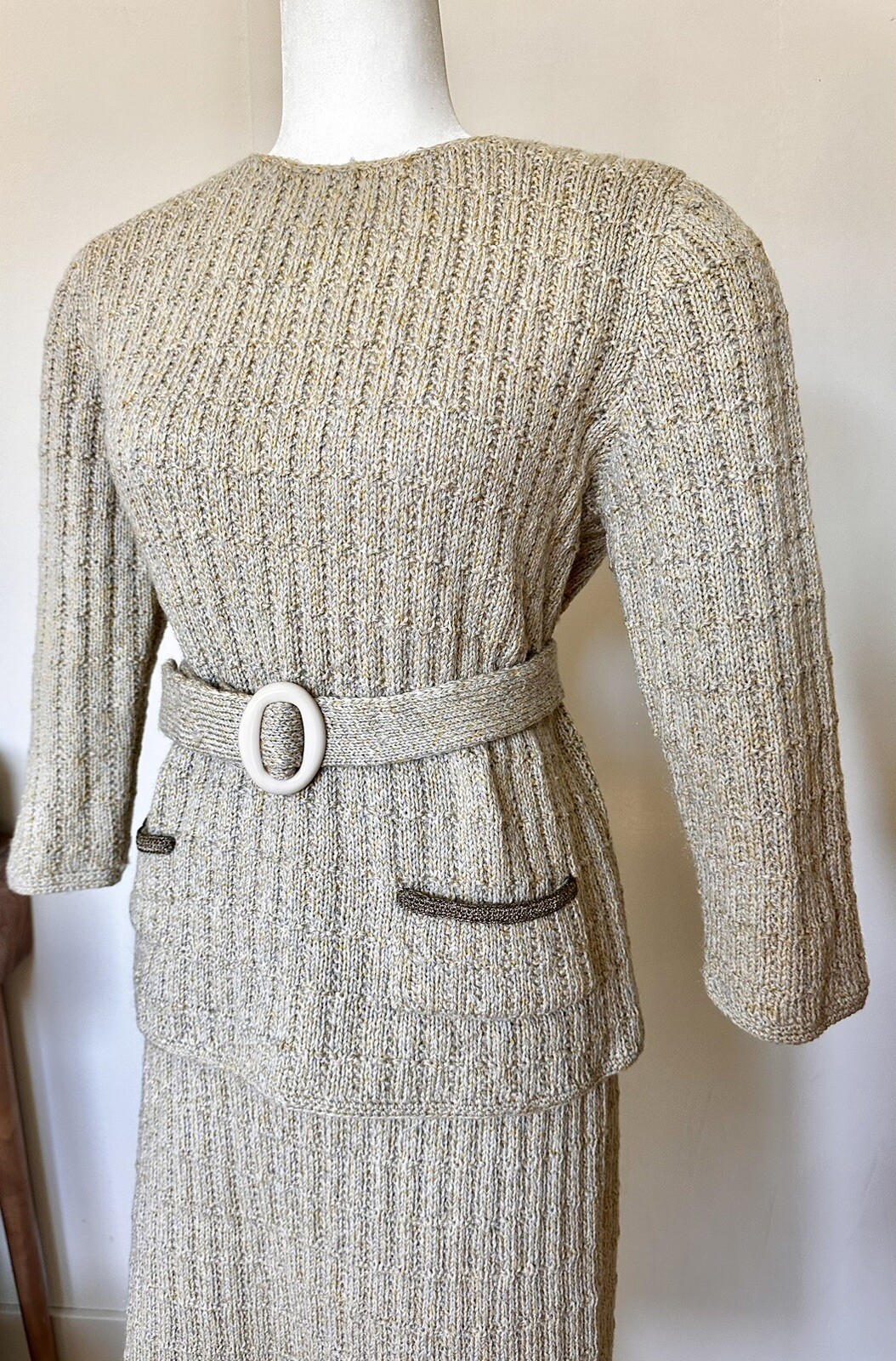 VTG Sweater Skirt Set Sydneys Knit Wool Gold Silver Metallic Stretch 1960s Rare