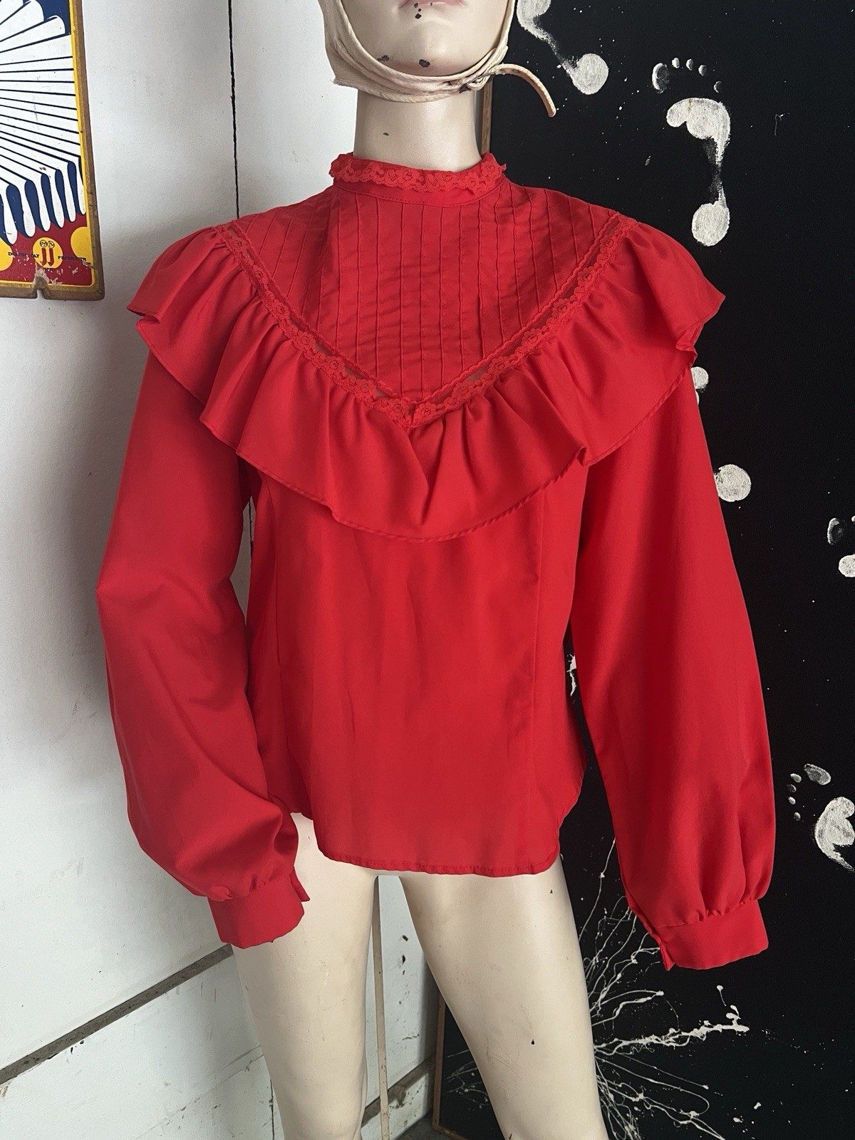 Vintage 70s Prairie Top Frill Cottage Pearl Lace Ruffle Button Back Poly Mock