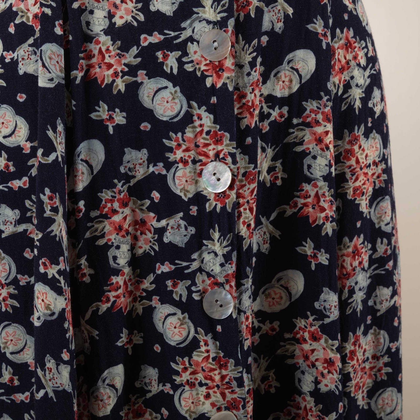 90s Vintage CDC Navy Floral Novelty Print Button Down Midi Dress Grunge 10