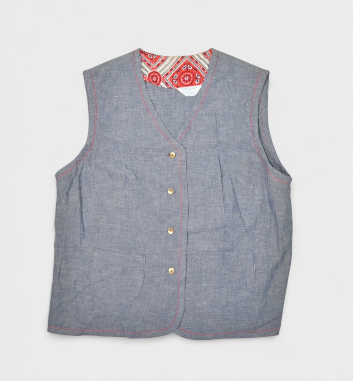 Vintage Sears Blouse Womens Medium Chambray Sleeveless Vest Shirt Button V Neck