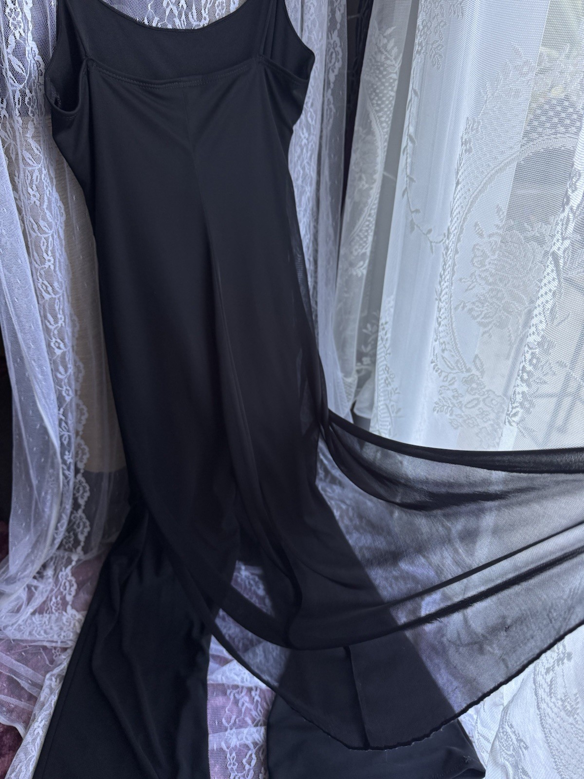 90’s Y2K Vintage Black Rhinestone Jumpsuit Sheer Overlay Made In USA, Size XS-S