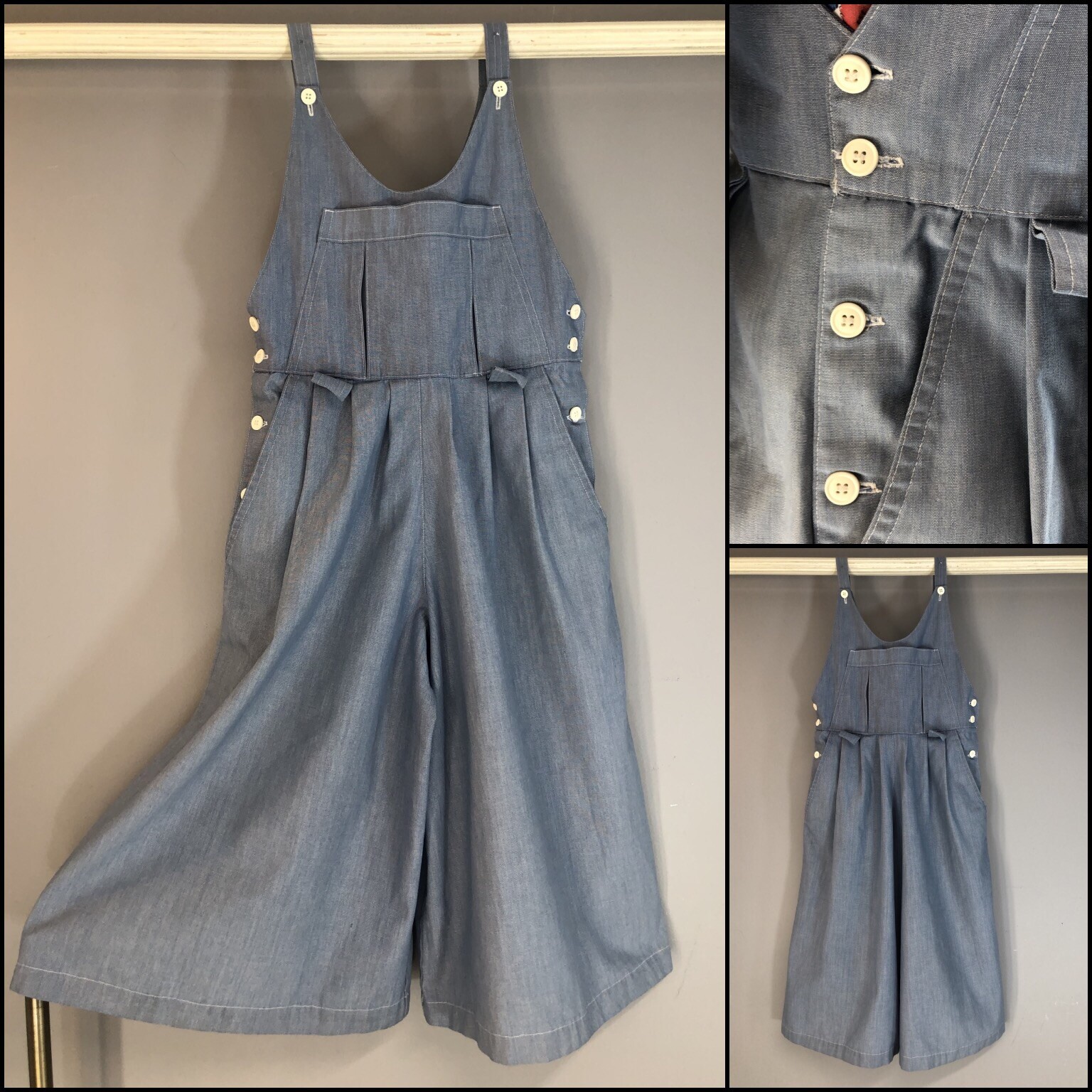 Vtg 70s Denim Jumpsuit Chambray Overalls Gauchos duz 40s Wide Leg M M-L 31 waist