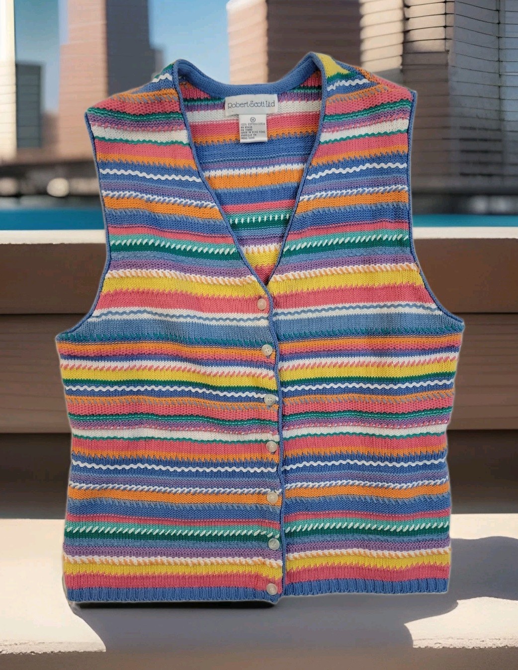 VTG 90s ROBERT SCOTT-LTD Stripe Crochet Womans Vest Med 17×22