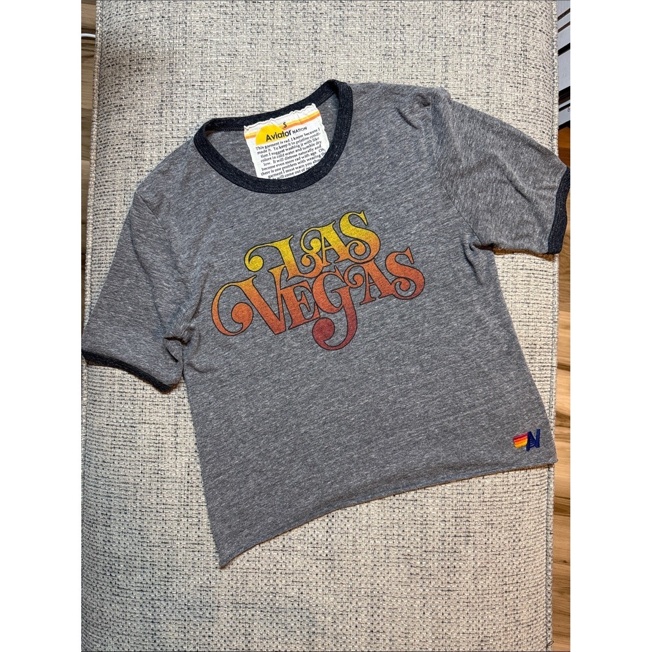 VTG Aviator Nation Las Vegas Boyfriend Tee Heathered Gray Black Trim Small