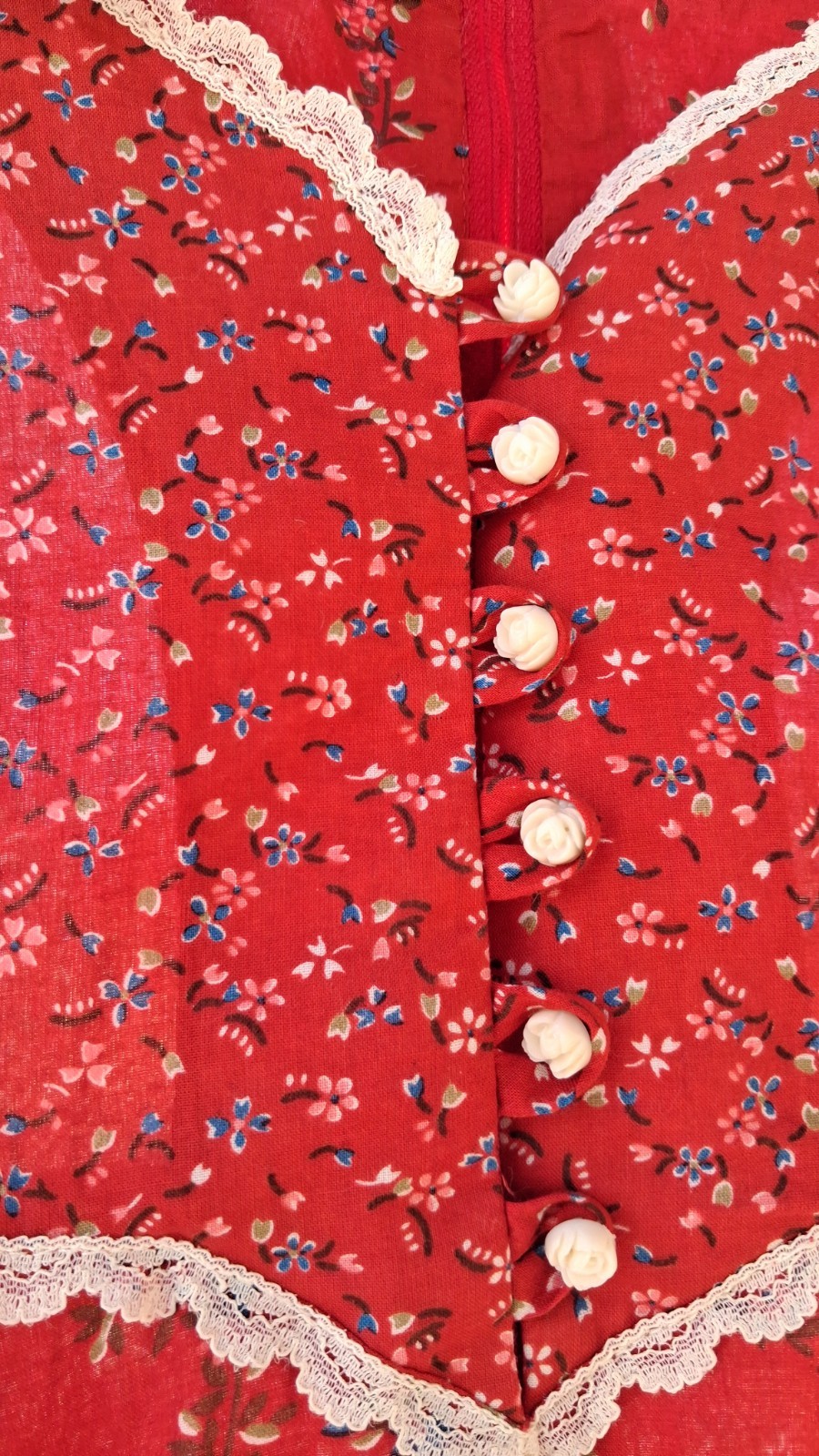Gunne Sax 1970s Red Floral Prairie Cotton Dress Lace Trim Long Sleeve Size 9.